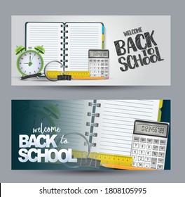 School banners with 3d vector realistic suplies.