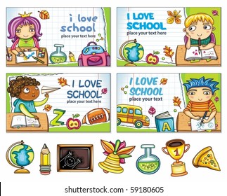 School banners with cute children and colorful icons