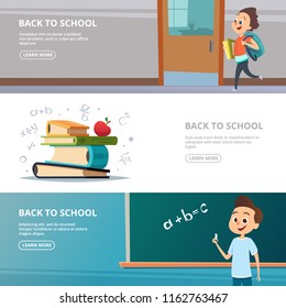 School banners. Illustrations of back to school characters. Set of banner with character education and study vector