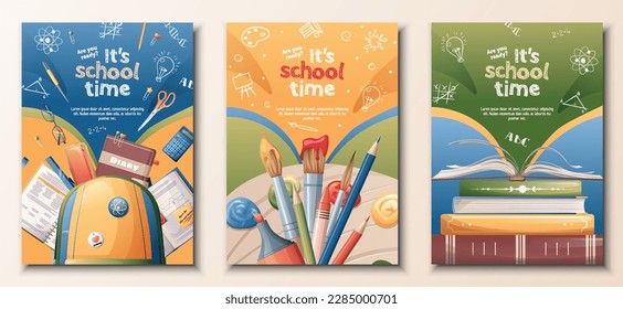 School banners set. Back to school, knowledge, education. Posters with school textbooks, books, backpack, paints. Vector set of a4 size flyers