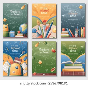 Conjunto de Anuncios escolares. Regreso a la escuela, conocimiento, educación. Postal con pizarra y tiza. Afiches con libros de texto, libros, mochila, pinturas. Conjunto de Vector de volantes tamaño A4