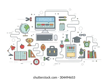 School banners templates with thin lined education elements - globe, book, pen, notebook, alarm, chemistry, microscope