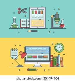 School banners templates with thin lined education elements - globe, book, pen, notebook, alarm, chemistry, microscope