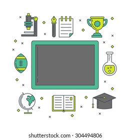 School banners templates with thin lined education elements - blackboard, globe, book, pen, notebook, alarm, chemistry, microscope