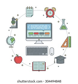 School banners templates with thin lined education elements - globe, book, pen, notebook, alarm, chemistry, microscope
