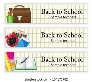 School banners with various school supplies on the  paper background 