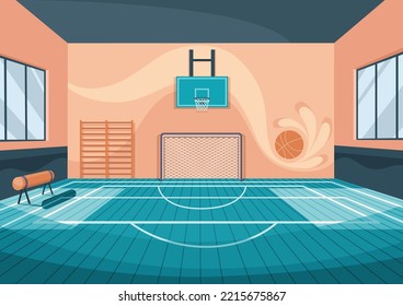 School basketball court. Cartoon gym with basketball basket and football goal or gymnastic equipment. Comfortable playground for playing active games and training. Flat style vector illustration