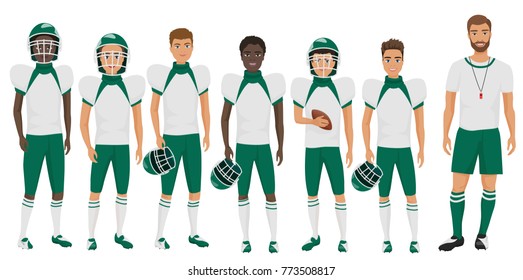 School basketball team guys standing with their coach trainer. Cartoon flat vector illustration.