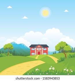 School with beautiful Nature landscape, mountain, trees, grass and hill with road, simple and adorable for kids background, book cover, banner and other 