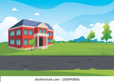 School with beautiful Nature landscape, mountain, trees, grass and hill with road, simple and adorable for kids background, book cover, banner and other 