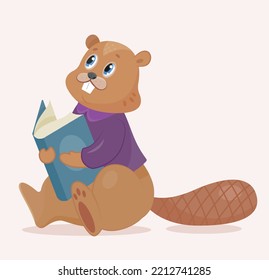 School beaver icon. Animal sitting with book in purple sweater. Graphic element for website, poster or banner. Hardworking student concept. Training and learning. Cartoon flat vector illustration