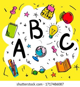 Die Schule fängt an. ABC-Buchstaben, doodaler Stil auf gelbem Hintergrund, intelligente Kinder, Vektorillustration