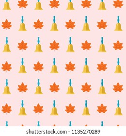 School bell and autumn maple leaf on white background. Colorful seamless patterns on the theme of education, school, autumn. Vector illustration in flat style.