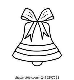 School bell with bow doodle icon. Ringing bell line art vector illustration. 