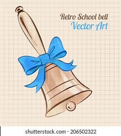 School bell with bow on vintage notebook background. Vector illustration.