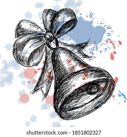 school bell, a bell with a bow in the sketch style. Subject for school, training. On a background with blotches and splashes of paint. The design for the school of education. Vector illustration