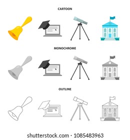 School bell, computer, telescope and school building. School set collection icons in cartoon,outline,monochrome style vector symbol stock illustration web.