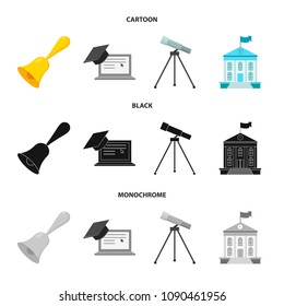 School bell, computer, telescope and school building. School set collection icons in cartoon,black,monochrome style vector symbol stock illustration web.
