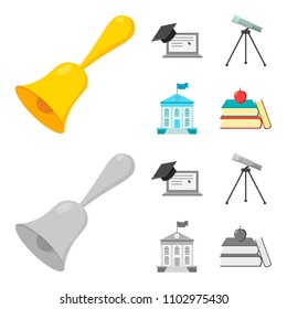 School bell, computer, telescope and school building. School set collection icons in cartoon,monochrome style vector symbol stock illustration web.