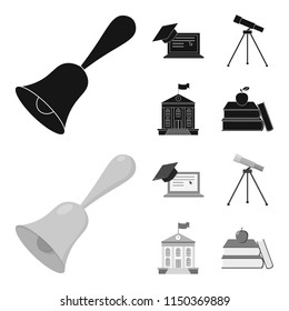 School bell, computer, telescope and school building. School set collection icons in black,monochrom style vector symbol stock illustration web.