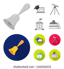 School bell, computer, telescope and school building. School set collection icons in monochrome,flat style vector symbol stock illustration web.