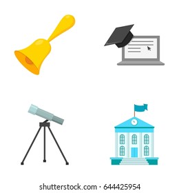 School bell, computer, telescope and school building. School set collection icons in cartoon style vector symbol stock illustration web.