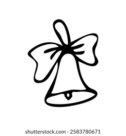 School bell doodle.Vector school bell icon. A hand-drawn doodle. back to school, education.Black element is not a straight line on a white background.Children's illustration.Icon with a bow.EPS 10