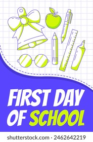 School bell, glasses, pen, stationery and apple. Back to school, education, learning concept. Vector minimalist poster, a4 format. For banner, cover, web. Checkered background