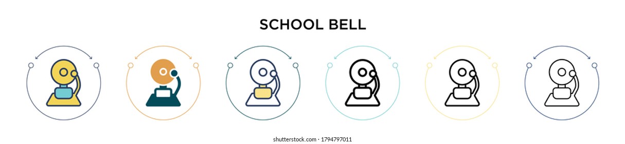 Schulglocke Symbol in voller, dünner Linie, Umriss und Schlaganfall Stil. Vektorgrafik von zwei farbigen und schwarzen Schulglocken-Vektorgrafiken-Designs kann für mobile, ui, web-basierte