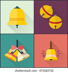 School bell icons set. Flat design with long shadow. Vector illustration