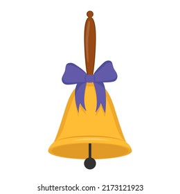 School bell with purple bow isolated on white background. Flat vector illustration.