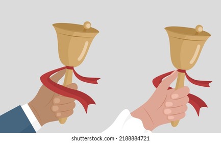 School bell in teacher's hand. Flat style. Vector illustration 