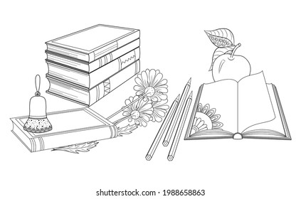 School bell, textbooks, pencils, flowers and fruits on a white background. Coloring book for children and adults. Decorative contour elements for design