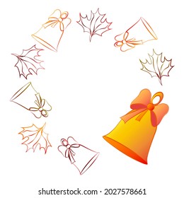 School bells and autumn leaves on a white background in a minimalist style. A decorative element for the theme "Back to school", invitations, photo design. Stock vector illustration.