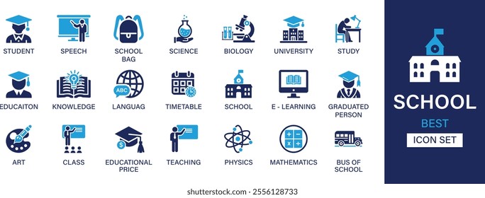 School best solid icon set collection. Student, speech, school bag, science, biology, university, study, education, knowledge, language, teaching and vector illustration.