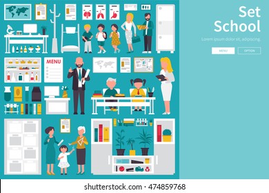 School Big Collection in flat design concept. Furniture and People Set Interior Elements
