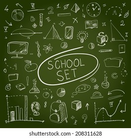 school big doodles set on blackboard. Vector illustration.