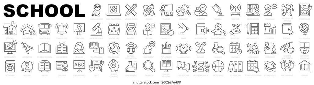 School big icon set. Education icons. Teacher, lecture, schoolbag, geometry, classroom, students and more. Vector illustration