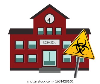 escuela con señalización de carretera de riesgo biológico, ilustración vectorial 