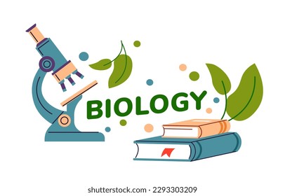 School biology discipline, isolated microscope for looking at samples and books. Discovering and learning about nature. Biological lessons and classes at university or college. Vector in flat style