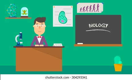 School biology teacher in classroom. Flat design. Vector illustration.