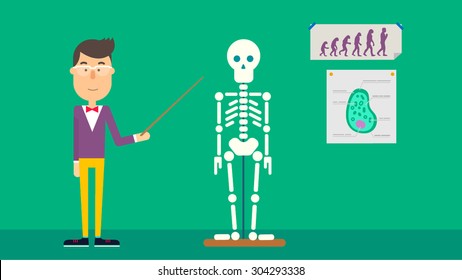 School biology teacher shows skeleton human. Flat design. Vector illustration.