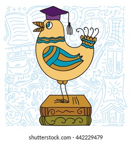 School bird and books. Vector illustration.