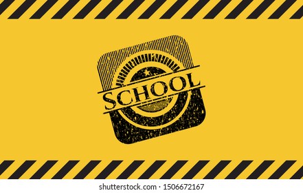 School black grunge emblem inside yellow warning sign. Vector Illustration. Detailed.