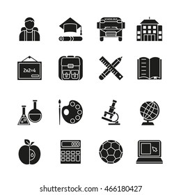 School black white icons set with pupil bus building ball laptop calculator backpack globe isolated vector illustration  