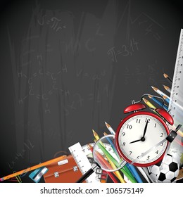 School blackboard background with school supplies