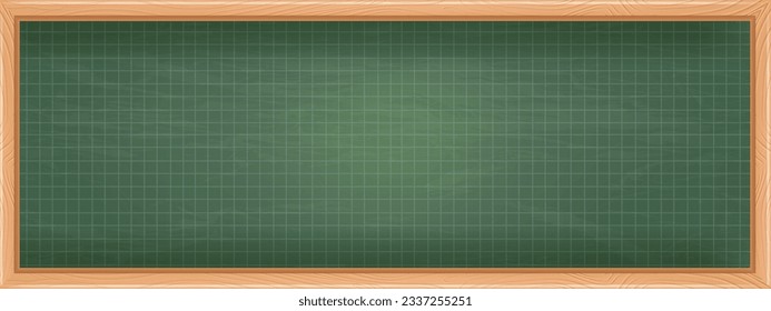 School blackboard background, vector green chalkboard kindergarten wallpaper, grunge empty texture. Classroom teacher education wooden checked frame, drawing quadrille surface. School blackboard wall