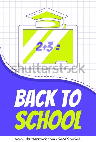 School blackboard with chalk, academic cap. Back to school, education, learning concept.Vector minimalist poster, a4 format. For banner, cover, web. Checkered background