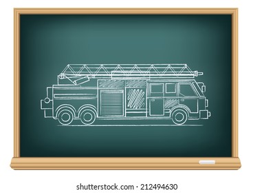 The school blackboard and chalk drawn fire truck