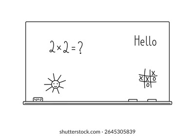 School blackboard with chalk, eraser and cute text imitating kids writing, hand drawn outline illustration back to school concept, chalkboard classroom accessory design element